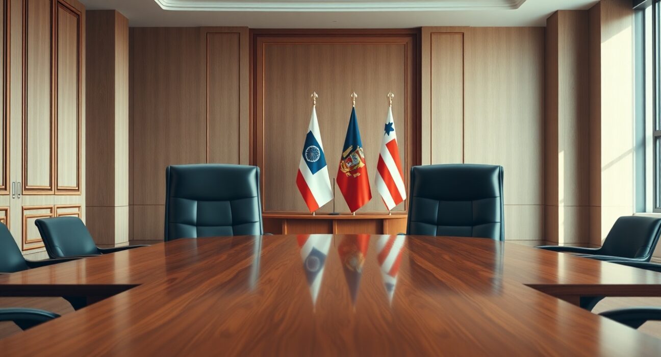 Empty negotiation table symbolizes uncertain U.S.-Iran diplomatic talks.