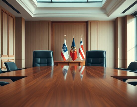 Empty negotiation table symbolizes uncertain U.S.-Iran diplomatic talks.