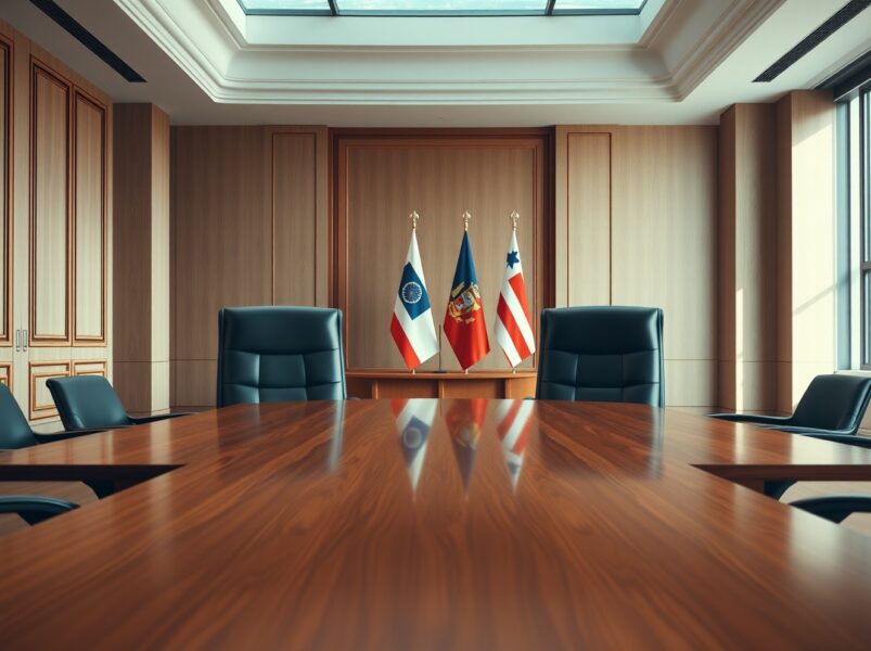 Empty negotiation table symbolizes uncertain U.S.-Iran diplomatic talks.