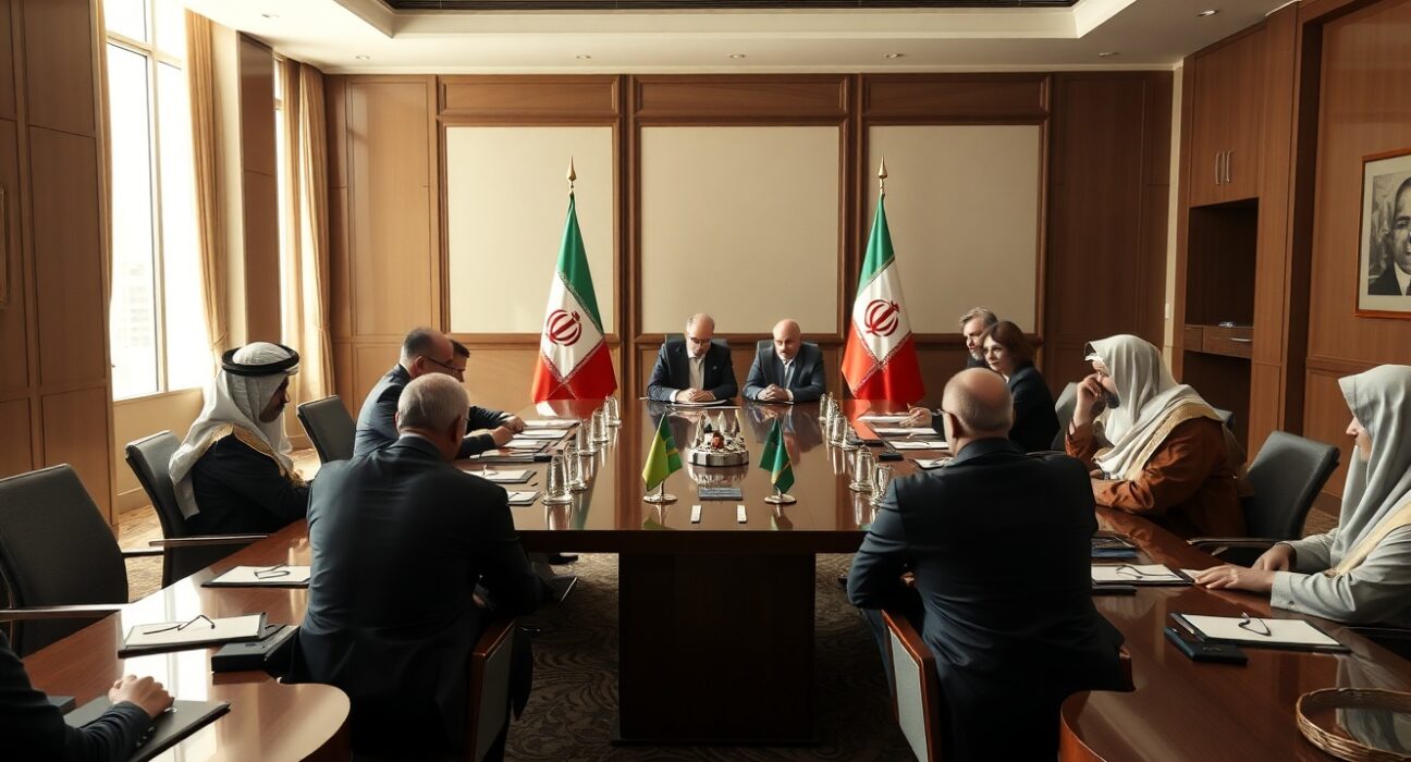 Diplomatic meeting room in Doha, Qatar, with Iranian and international negotiators at a conference table.