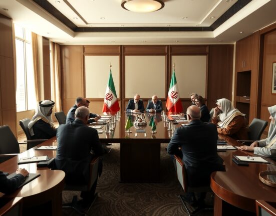 Diplomatic meeting room in Doha, Qatar, with Iranian and international negotiators at a conference table.