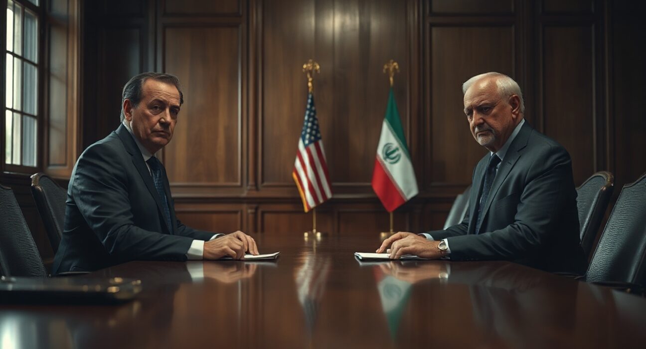 Diplomats facing each other across a table in a dimly lit negotiation room, with flags in background.