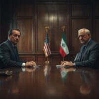 Diplomats facing each other across a table in a dimly lit negotiation room, with flags in background.