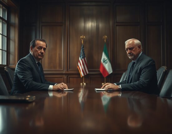 Diplomats facing each other across a table in a dimly lit negotiation room, with flags in background.