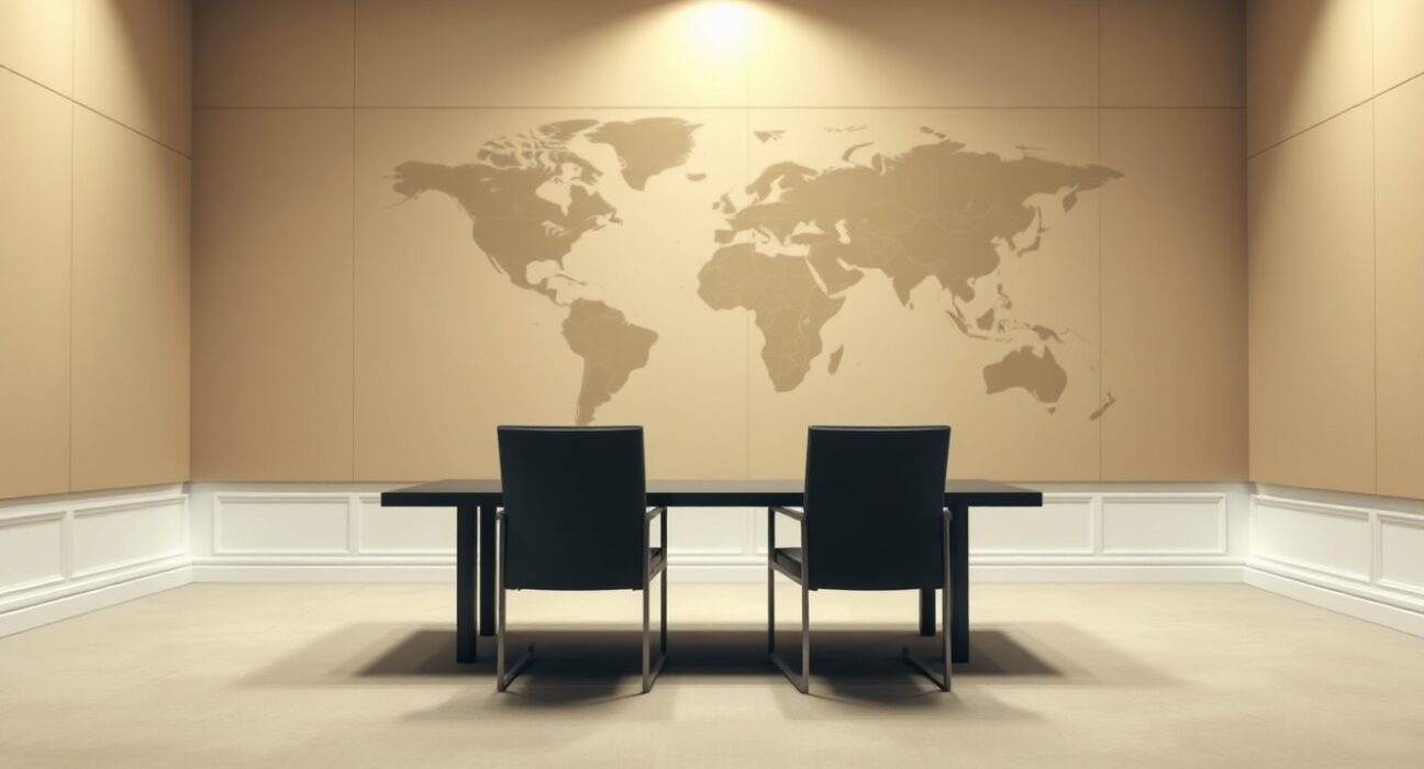 Empty diplomatic meeting room with chairs and world map symbolizing US-Iran negotiations
