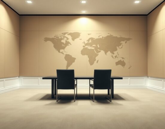 Empty diplomatic meeting room with chairs and world map symbolizing US-Iran negotiations