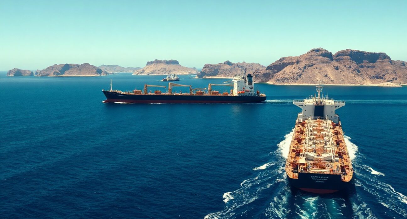 Oil tanker navigating the Strait of Hormuz with coastal landscape in background