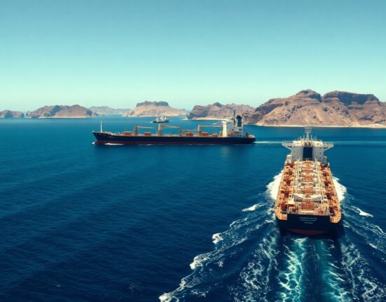Oil tanker navigating the Strait of Hormuz with coastal landscape in background