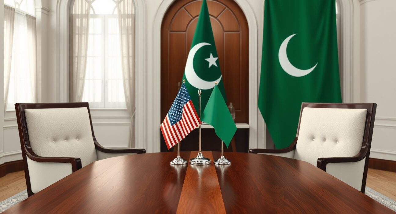 Diplomatic negotiation setup for US-Iran peace talks in Islamabad with national flags on table