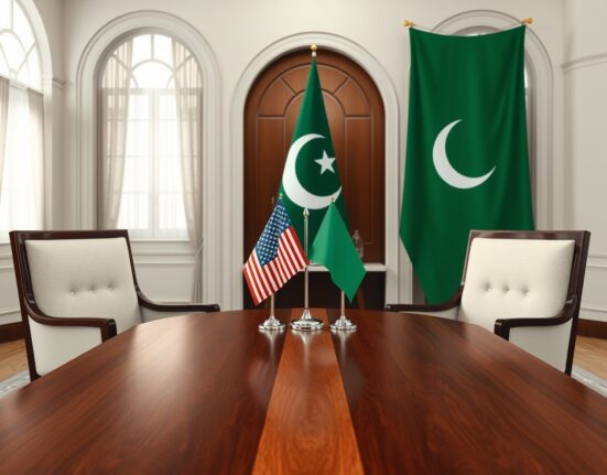 Diplomatic negotiation setup for US-Iran peace talks in Islamabad with national flags on table