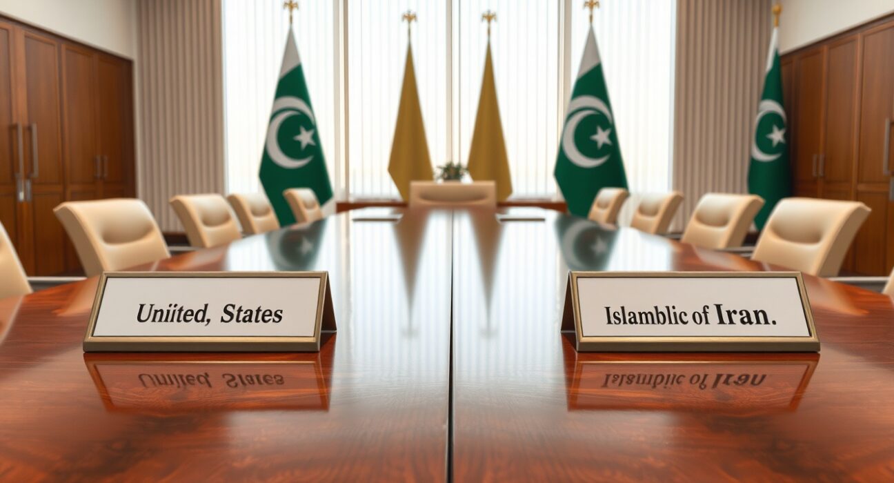 Diplomatic meeting table setup for US-Iran peace talks in Islamabad conference room