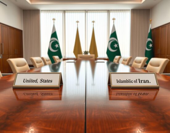 Diplomatic meeting table setup for US-Iran peace talks in Islamabad conference room