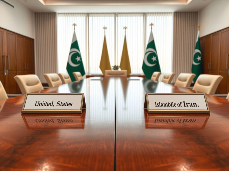 Diplomatic meeting table setup for US-Iran peace talks in Islamabad conference room