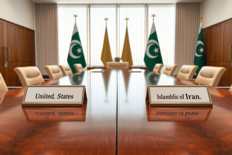 Diplomatic meeting table setup for US-Iran peace talks in Islamabad conference room