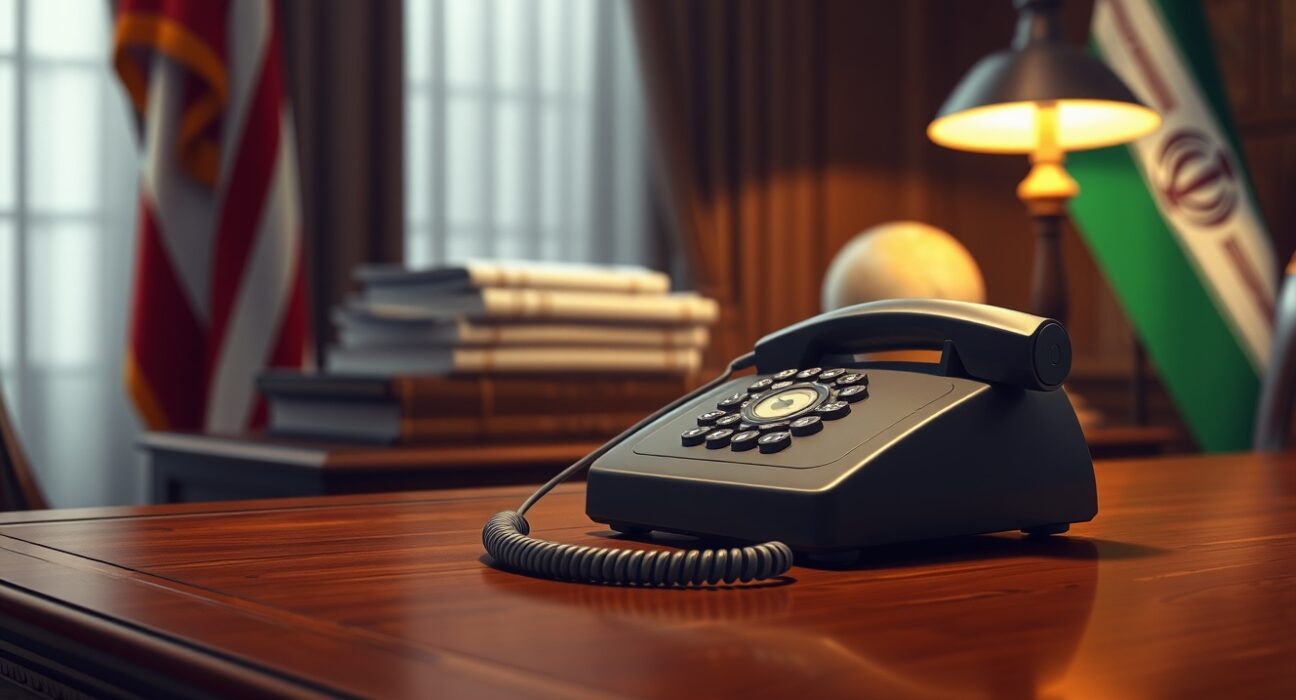 US Iran phone negotiations: a telephone receiver on a desk symbolizing diplomatic talks between Trump and Iran over nuclear weapons.