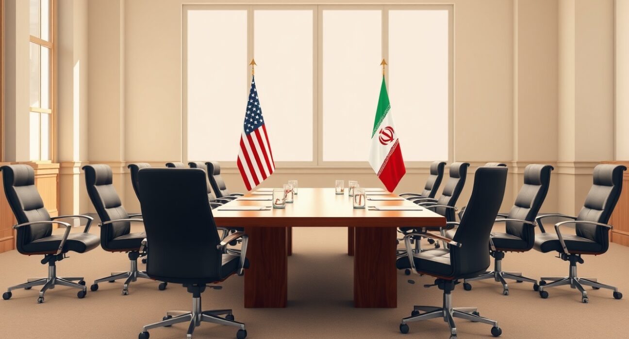 Diplomatic meeting table setup for US Iran talks with national flags.