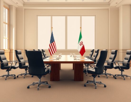 Diplomatic meeting table setup for US Iran talks with national flags.