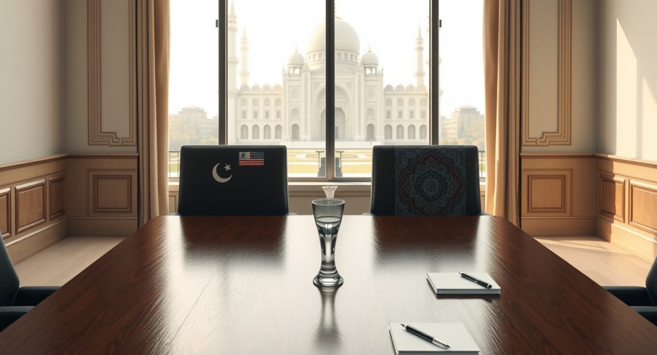 Diplomatic meeting setup for US Iran talks in Islamabad conference room