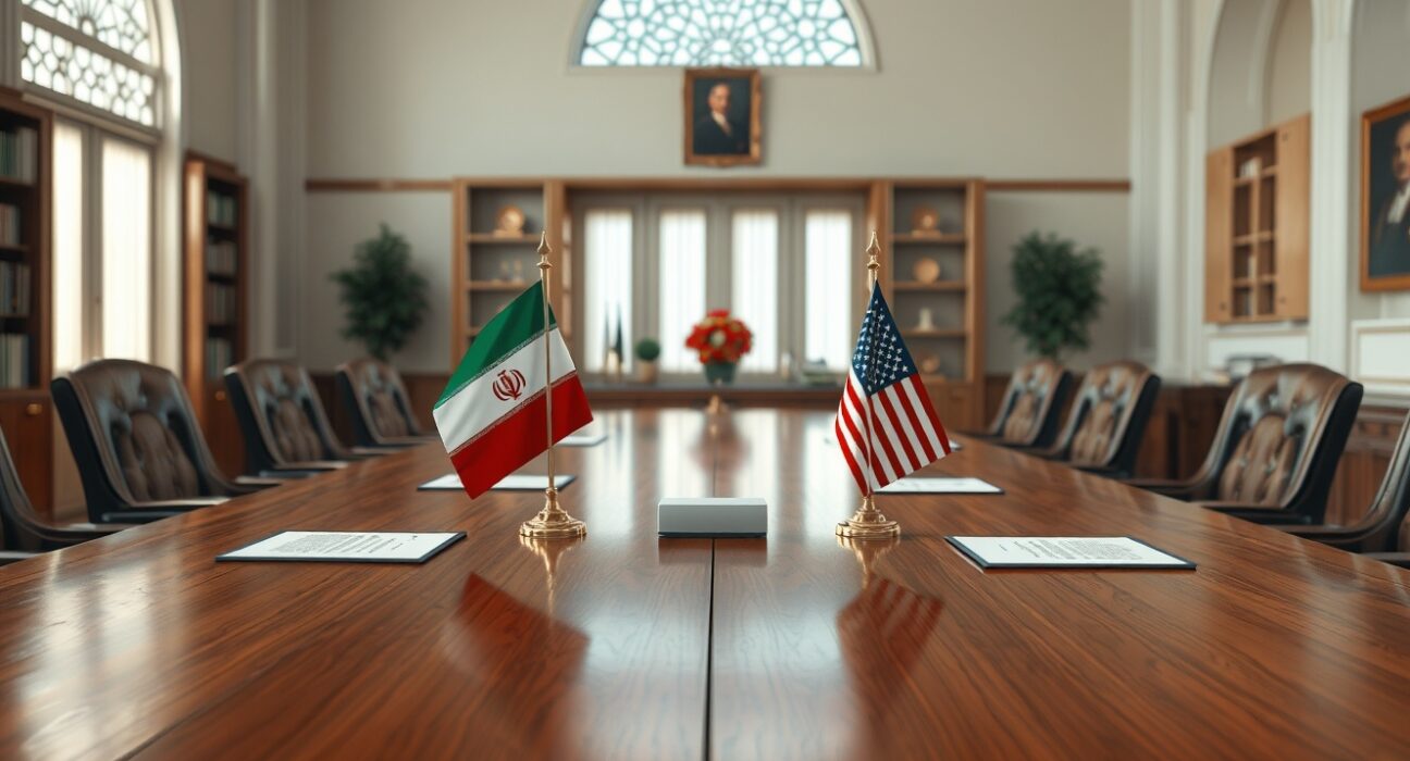Diplomatic table setting for US-Iran talks in Islamabad with Iranian and American flags.