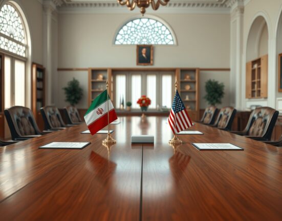 Diplomatic table setting for US-Iran talks in Islamabad with Iranian and American flags.