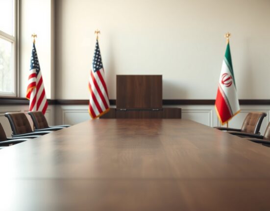 Empty diplomatic meeting room with US and Iranian flags representing potential peace talks