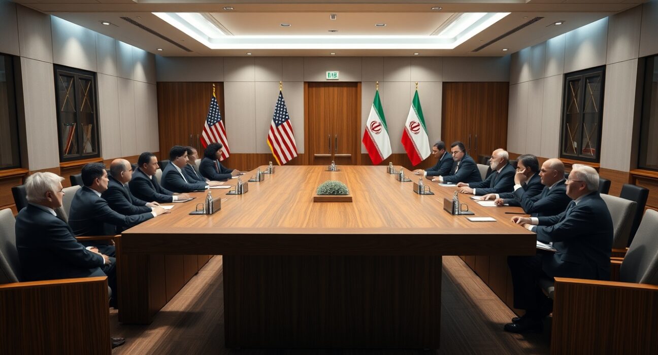 Diplomatic meeting room with US and Iranian flags during ongoing negotiations
