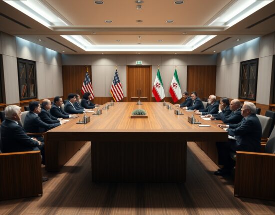 Diplomatic meeting room with US and Iranian flags during ongoing negotiations