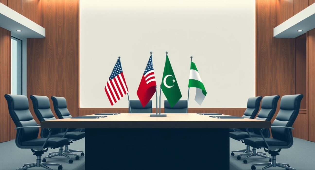 Diplomatic table setup for historic US Iran talks in Islamabad, Pakistan