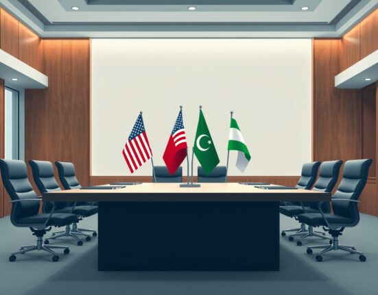 Diplomatic table setup for historic US Iran talks in Islamabad, Pakistan