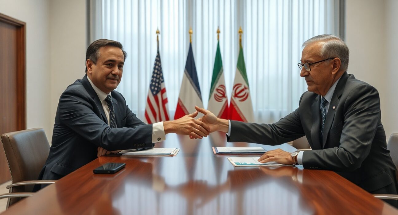 US and Iranian diplomats in a meeting room with flags, symbolizing ongoing nuclear negotiations.