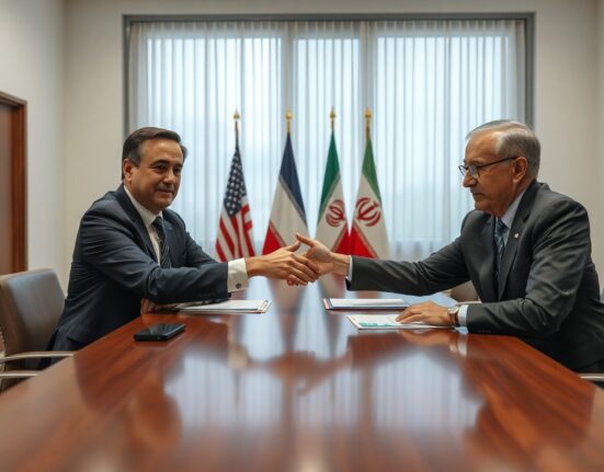 US and Iranian diplomats in a meeting room with flags, symbolizing ongoing nuclear negotiations.