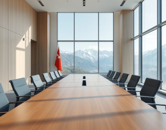 Empty diplomatic meeting room in Switzerland with view of the Alps, set for U.S.-Iran negotiations.