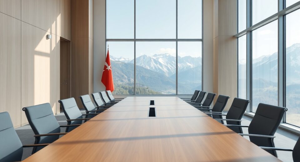 Empty diplomatic meeting room in Switzerland with view of the Alps, set for U.S.-Iran negotiations.