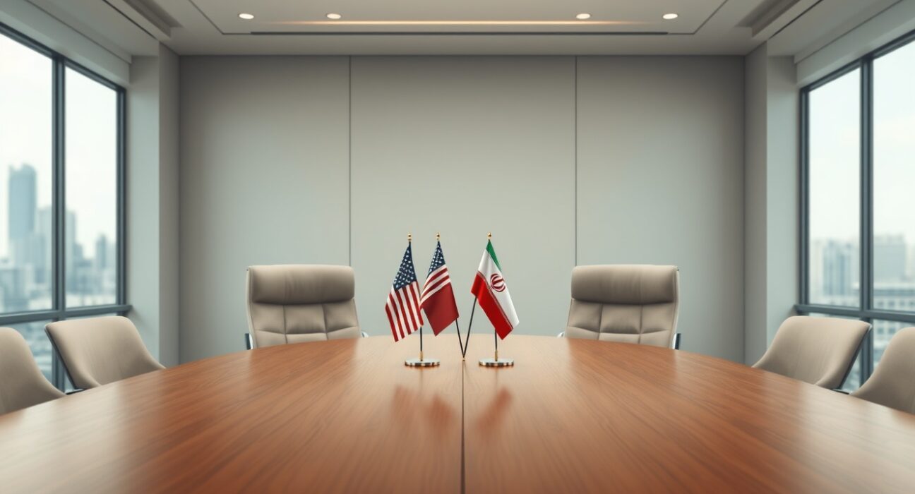 Empty negotiation chairs with U.S. and Iranian flags await the next round of diplomatic talks.