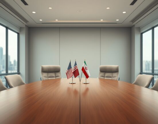 Empty negotiation chairs with U.S. and Iranian flags await the next round of diplomatic talks.