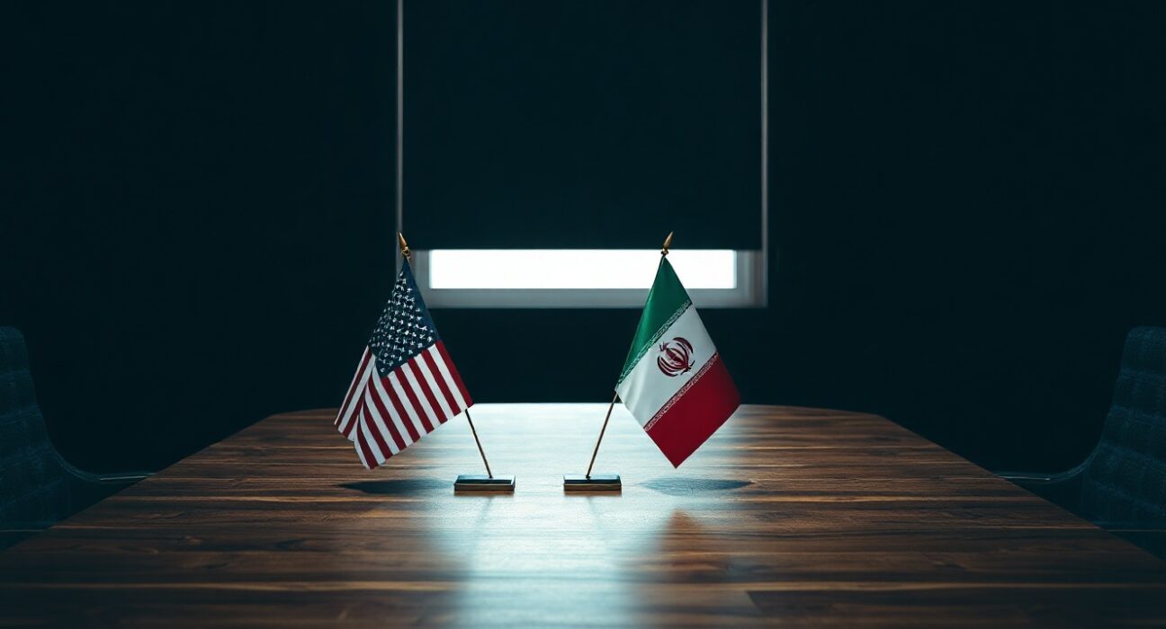 Empty diplomatic meeting room with US and Iranian flags, symbolizing ongoing negotiations.