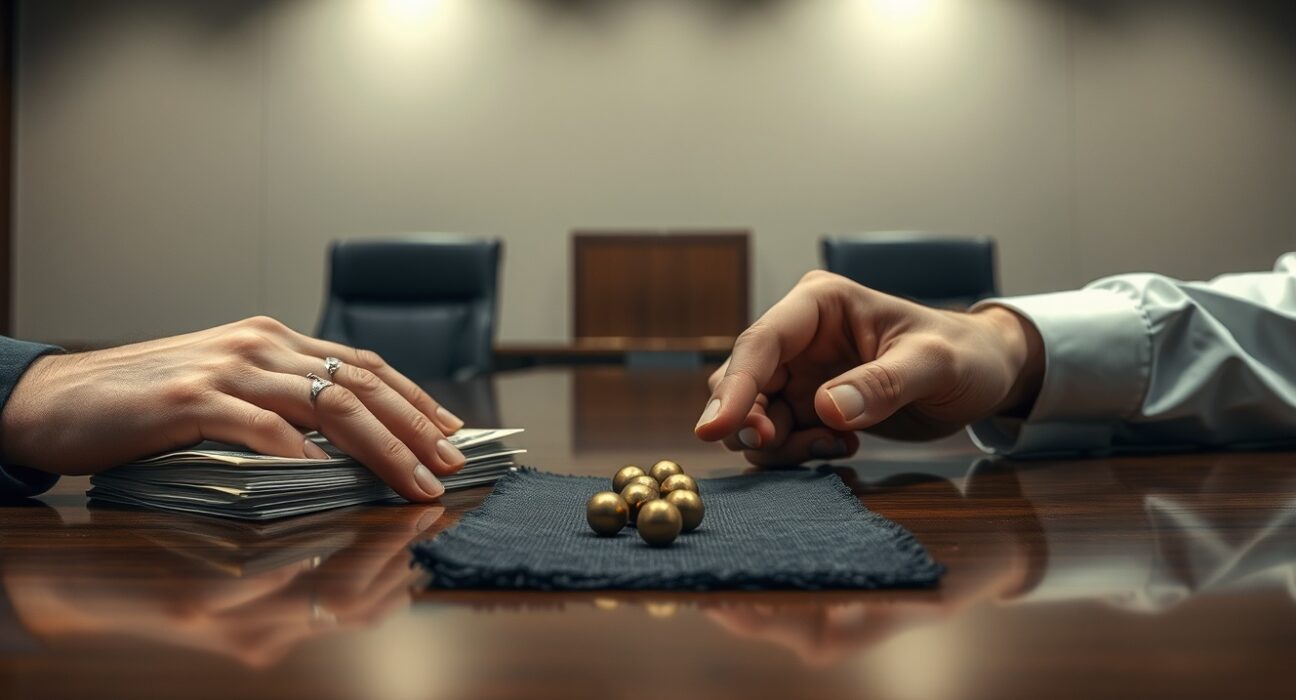 Conceptual image for the US Iran uranium deal showing currency and nuclear fuel pellets on a negotiation table.
