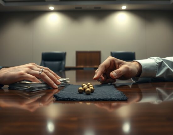 Conceptual image for the US Iran uranium deal showing currency and nuclear fuel pellets on a negotiation table.