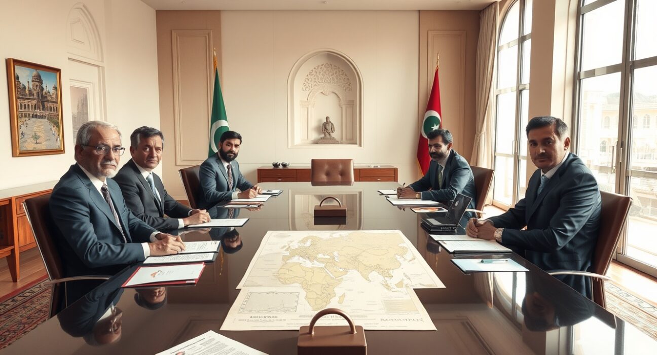 Diplomatic negotiations table during US-Iran talks about uranium enrichment and Strait of Hormuz access
