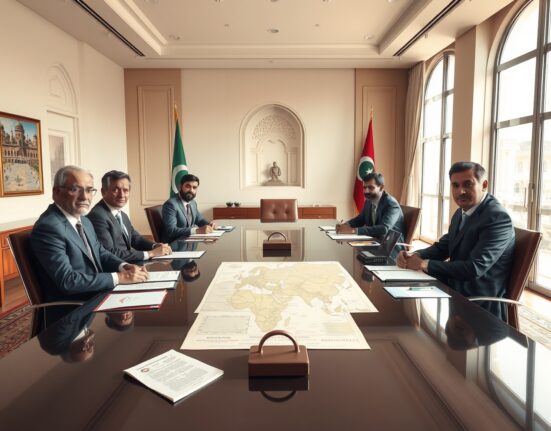 Diplomatic negotiations table during US-Iran talks about uranium enrichment and Strait of Hormuz access