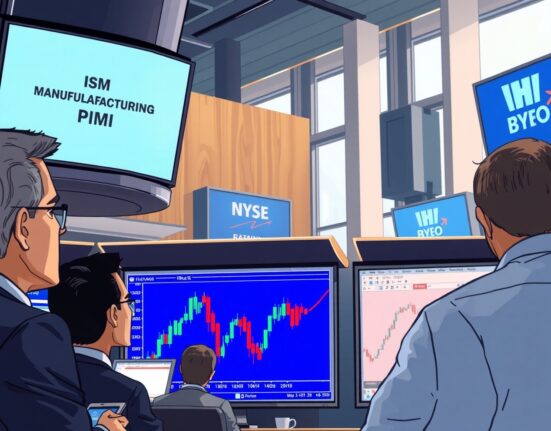 US ISM Manufacturing PMI data for April release on trading floor screens with EUR/USD chart