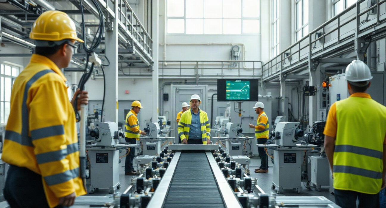 Factory floor with automated machinery and workers in safety gear, representing US manufacturing activity.