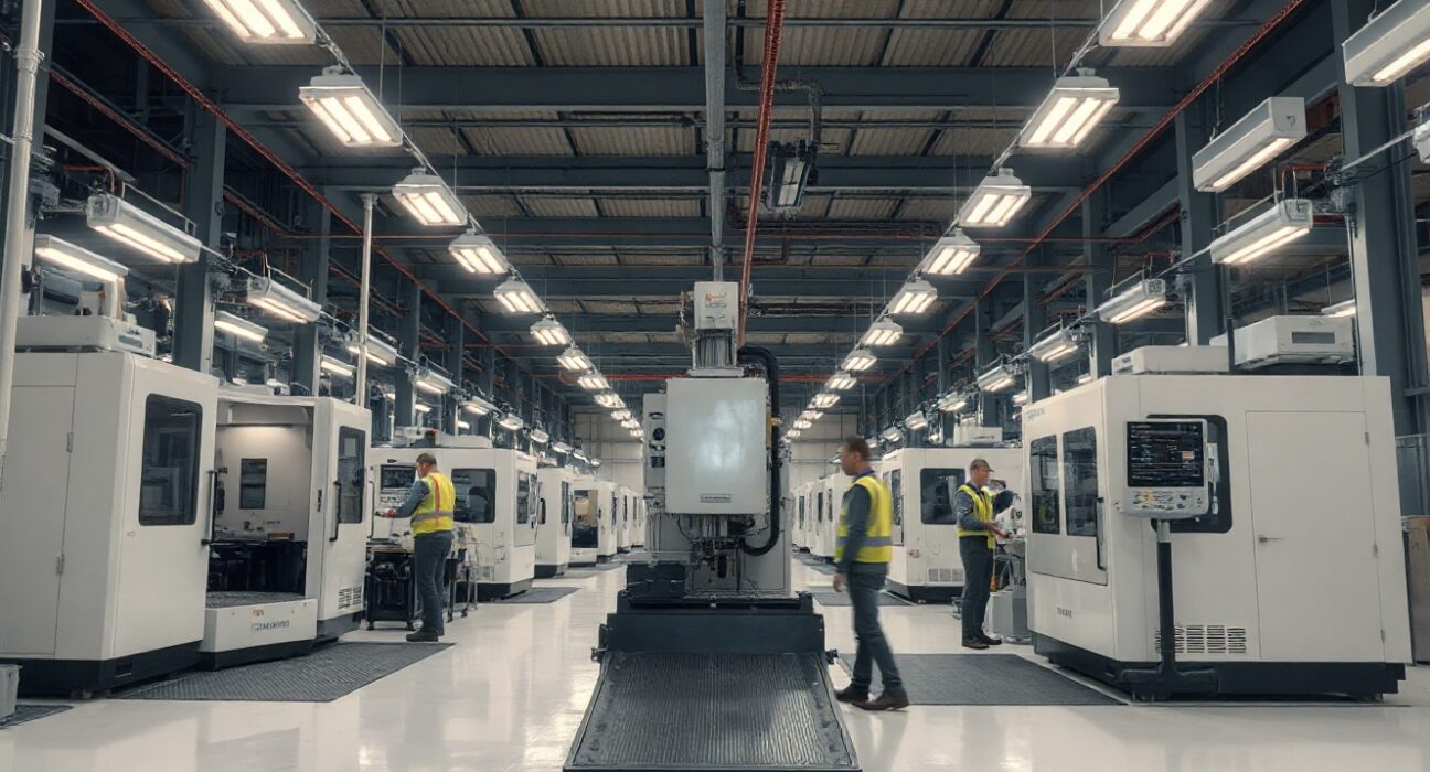 Workers on a modern factory floor with automated machinery, representing US manufacturing activity.