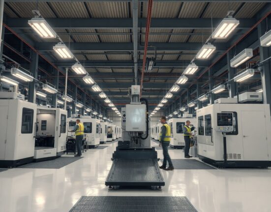 Workers on a modern factory floor with automated machinery, representing US manufacturing activity.