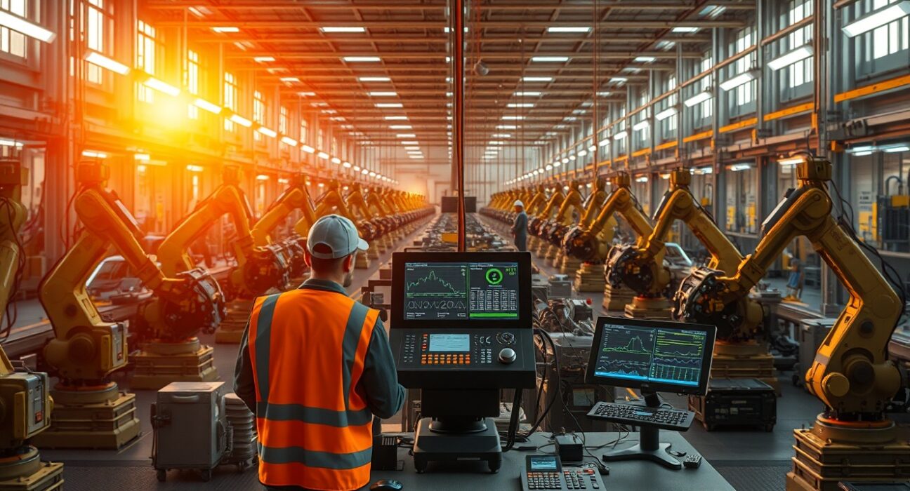 Factory workers monitoring production lines at a modern US manufacturing facility