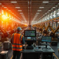 Factory workers monitoring production lines at a modern US manufacturing facility