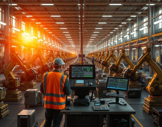 Factory workers monitoring production lines at a modern US manufacturing facility