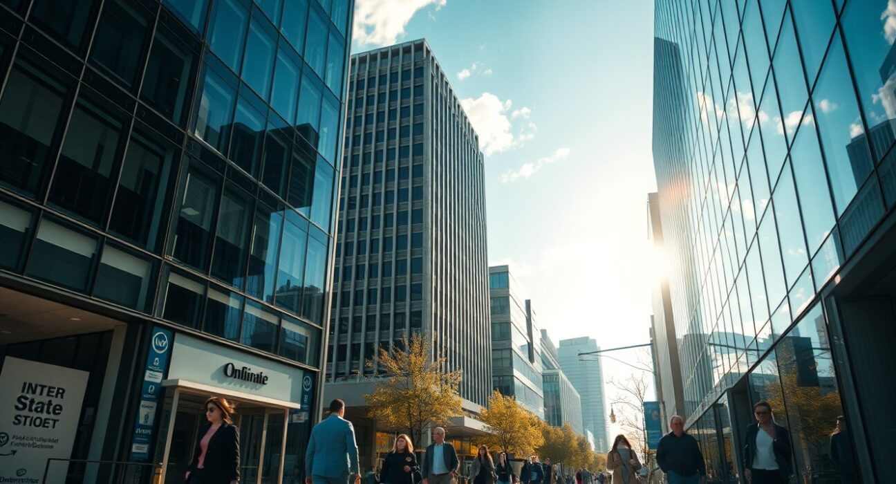 Busy city street with office buildings and pedestrians under a clear sky, representing US services sector activity.