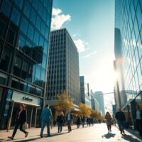 Busy city street with office buildings and pedestrians under a clear sky, representing US services sector activity.
