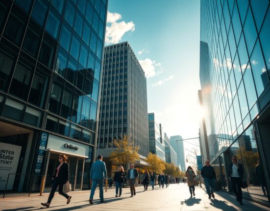 Busy city street with office buildings and pedestrians under a clear sky, representing US services sector activity.